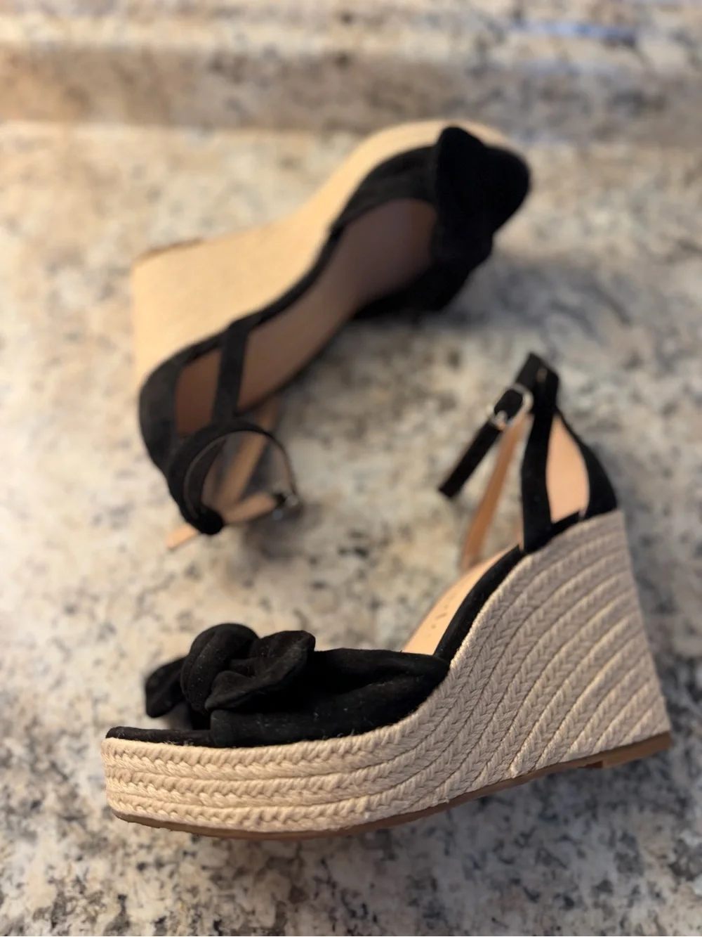 kate spade Black Suede Knotted Bow Espadrille Wedge Sandals Tianna Summer Fun